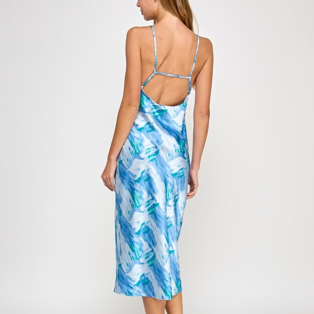 Pear Culture Blue Printed Satin Midi Dress NWT M Strappy Back Elegant Vacation